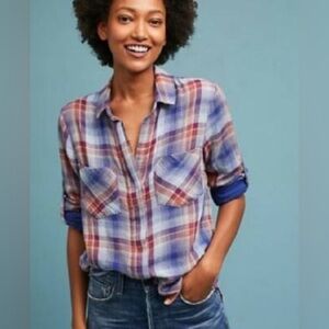 Anthropologie Cloth & Stone The Essential Gauze Shirt plaid split back Size L